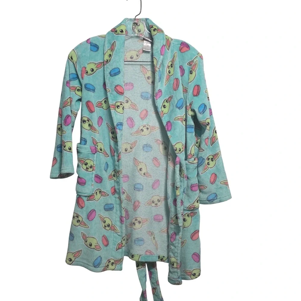 Star Wars Grogu Baby Yoda Teal Fleece Bathrobe Girls Size 10 Macaron Print‎ Robe